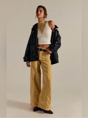 We The Free Libre Wide-Leg Jeans in Sand Mustard Yellow Ribbed Jeans NEW